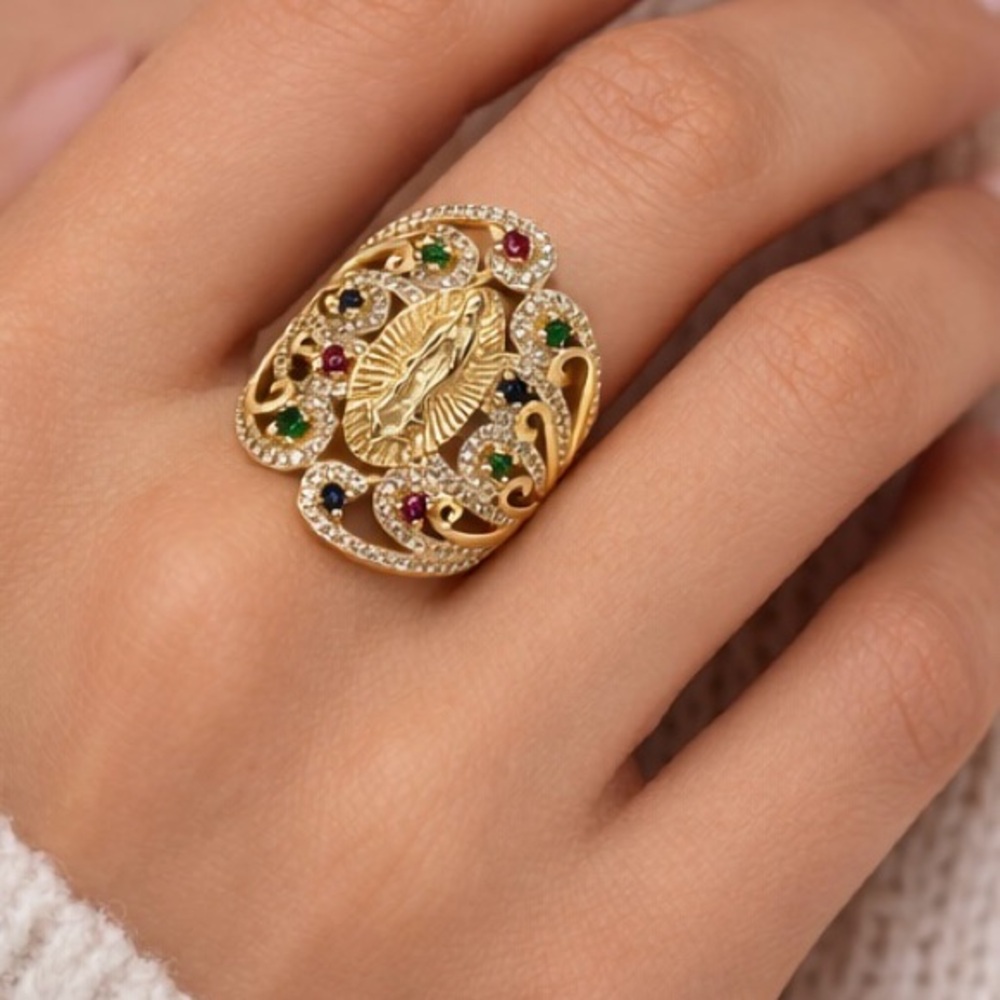 Virgin Mary Multicolor Statement Ring Size 8 | 18K Gold Filled Faith Ring